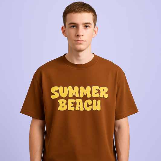 Unisex bronze drop shoulder t-shirt featuring bold 'Summer Beach' graphic, perfect for summer events.