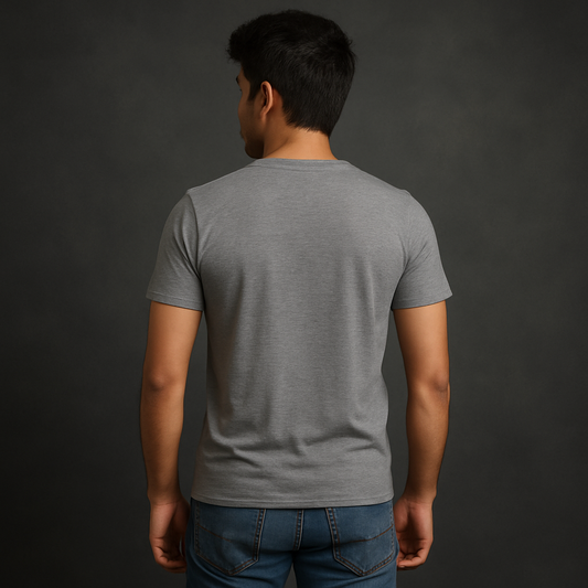 Back view of a man wearing a lightweight grey premium half sleeve t-shirt, showcasing its modern fit and durable design.